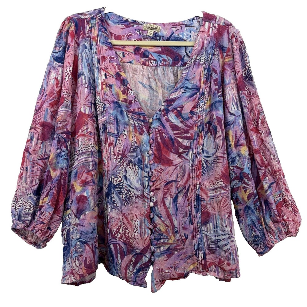 One World‎ Plus Size 3X Boho Chic Flowy Top Balloon Sleeve Colorful Pink Purple